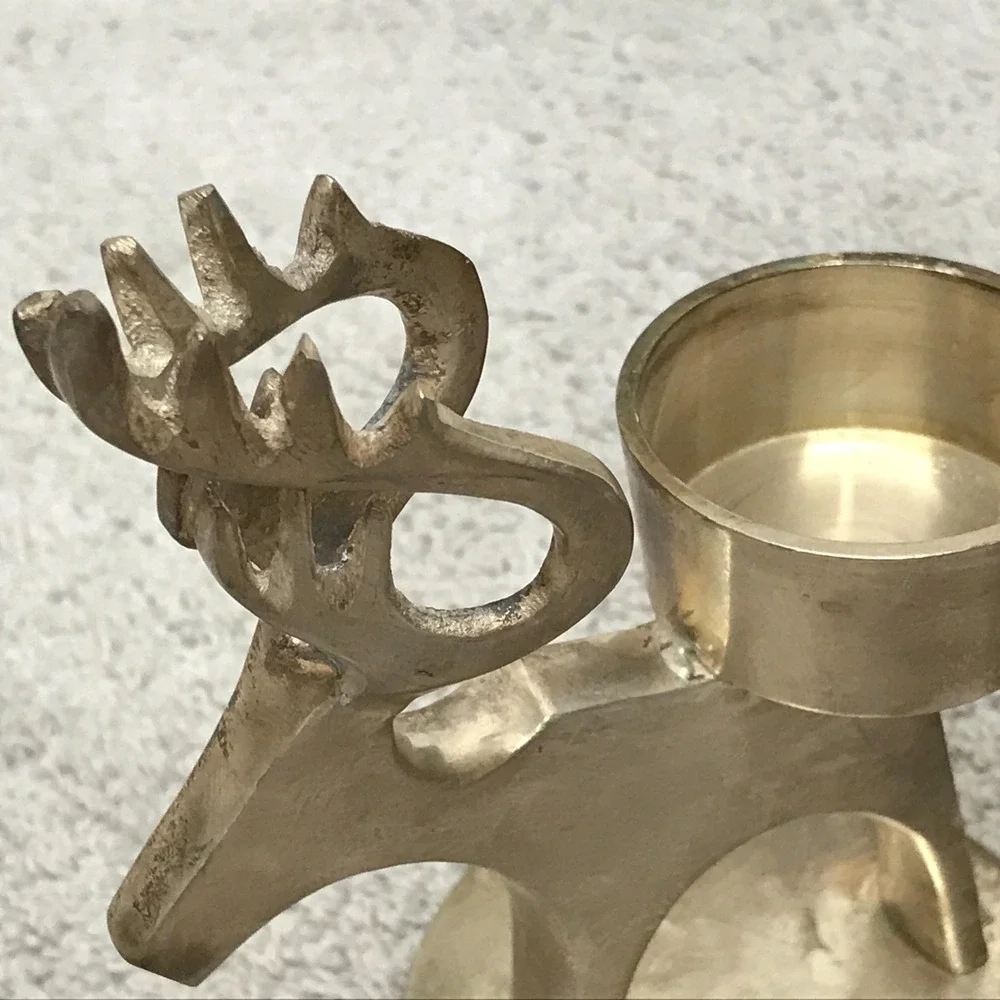 Pair of Silver Plated Brass Deer Reindeer‎ Tealight Votive Candle Holders